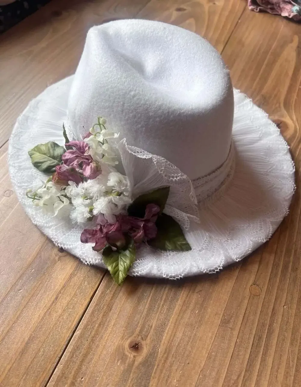 White Felt Fedora Sun Hat with Pleated Lace Brim and Floral Applique Wedding
